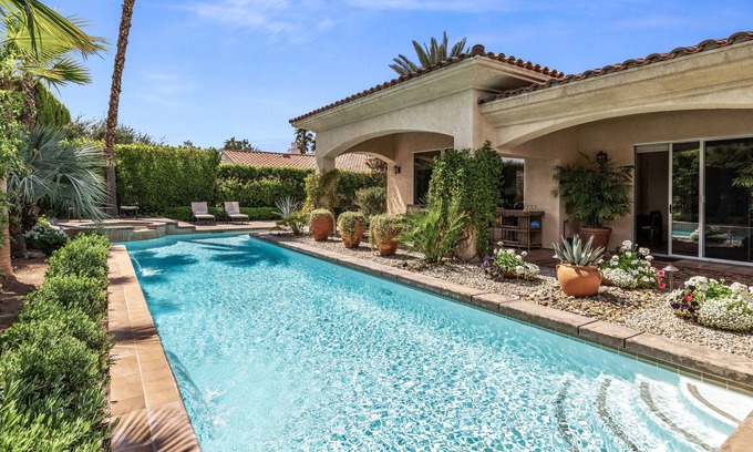 Sunrise Vista Chino House | Exceptional Spanish-style home with private sparkling pool, spa & mountain view
