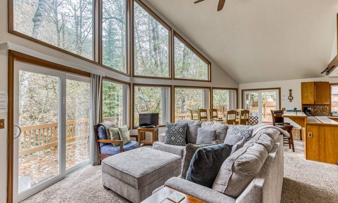 Mount Hood Village Ski Chalet | Expansive Wooded Home with a Brook, Firepit, Private Hot Tub and Shared Pool
