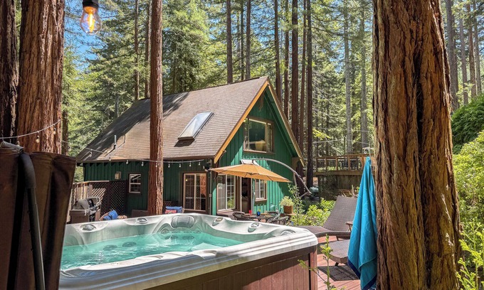 Guerneville House | Fern Woods~Rustic Redwood Cabin with Sweeping Decks! HotTub/WiFi/Pup
