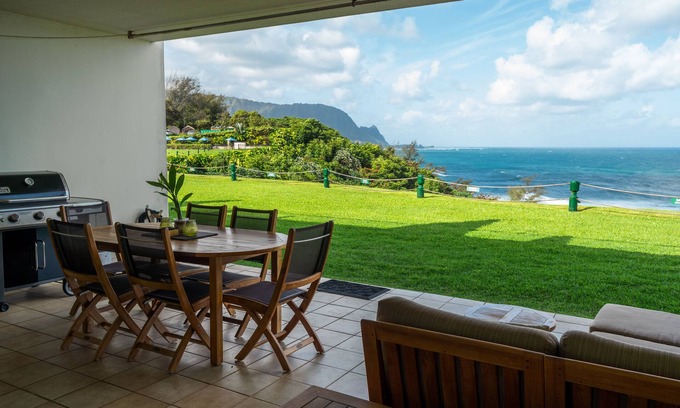 Princeville Condo | Glorious ocean and Bali Hai views from this ground floor, air conditioned home