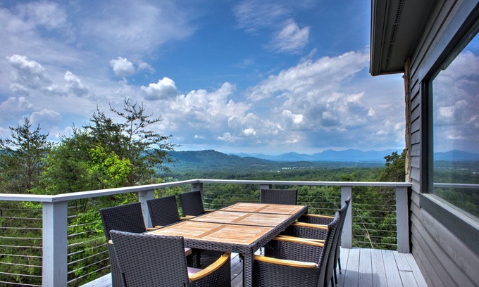 Weaverville House | Judah Lodge Stunning views with a cozy indoor fireplace and outdoor fire pit