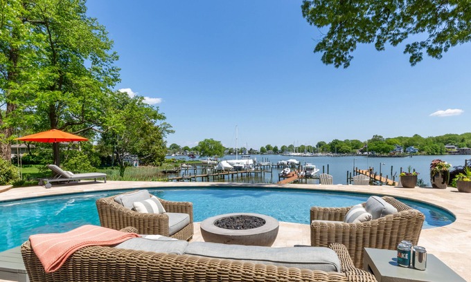 Annapolis House | Lakefront dog-friendly home with private outdoor pool, pool spa, dock & grill