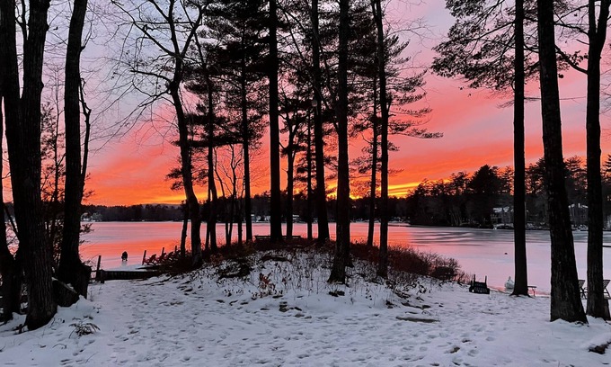 Wolfeboro House | Lakefront & ski retreat with wrap-around deck, wood fireplace, & private beach
