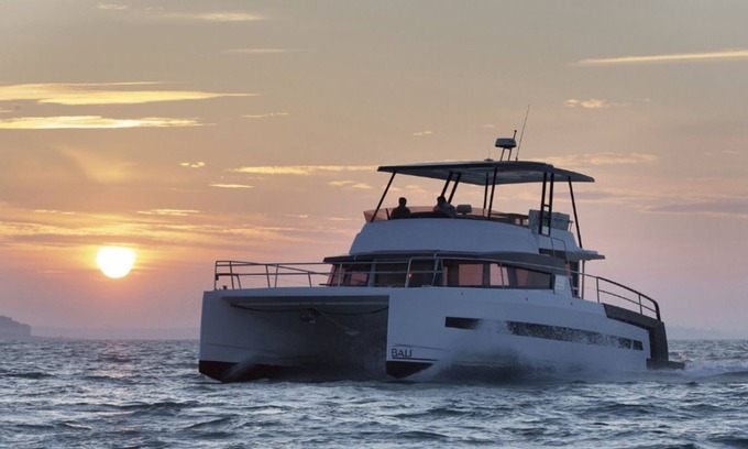 Pensacola Beach Boat Rental | Luxury Catamaran Boat at Anchor in Pensacola Beach/Little Sabine