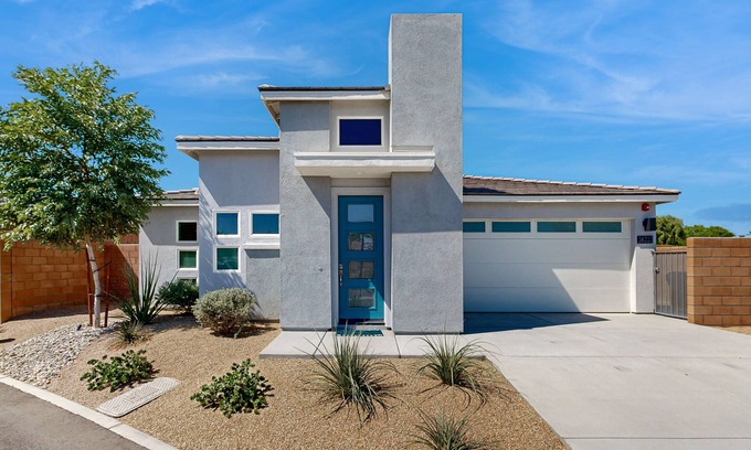 Cathedral City House | Modern home with gas fireplace, mountain views, large yard