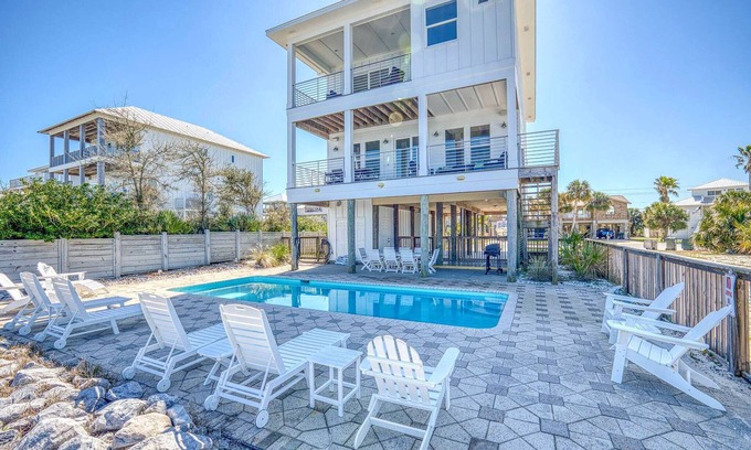 Pensacola Beach House | Modern retro design. Delightful kitchen. Covered Deck and Sound Front Pool