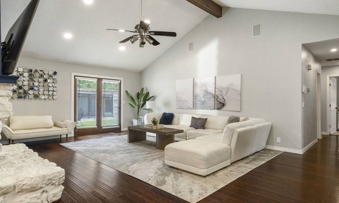 South Tulsa House | Modern space in south Tulsa w/outdoor firepit, kitchen, turf, & string lights!