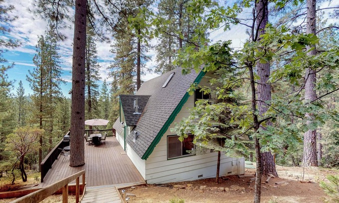 Arnold Cabin | Mountain-view, dog-friendly A-frame cabin with pool & forest-view deck