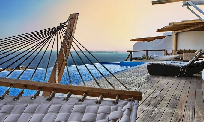 Alyki Villa | My Rental Homes - Queen Villa with pool area furnished with sunbeds and sea view