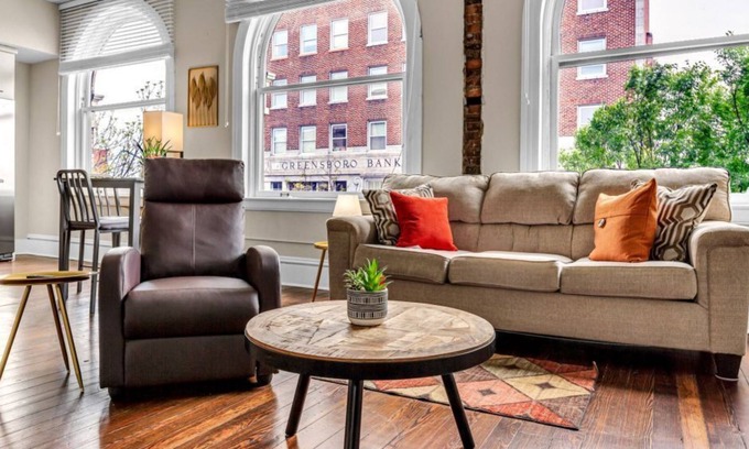 Downtown Greensboro Condo | Newly remodeled penthouse suite with city view! Spacious open layout! Walking distance to must-see attractions! Private deck! Free high-speed Internet!