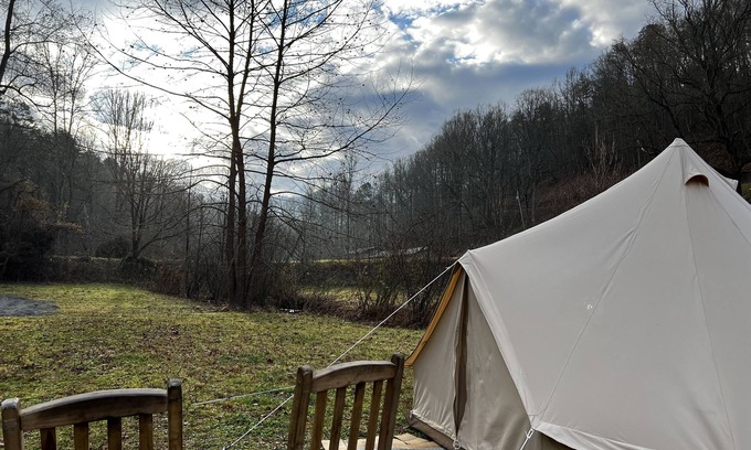 Bryson City RV Rental | Off grid Bell Tent Full size Bed & Solar powered.