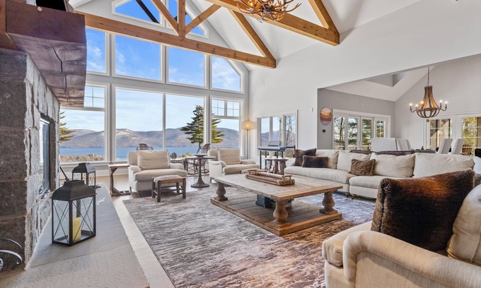 Bolton Landing House | Panoramic lake view acreage with game room, sauna & fireplace