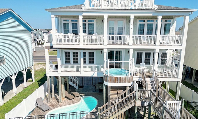 Holden Beach House | "Peaceful Breezy Feelin" is a 6 Bedroom, 6.5 Bathroom Oceanfront Home w/Private Pool, Elevator!