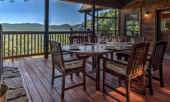 Mineral Bluff Cabin | Pet-friendly, mountain view cabin rent with an outdoor fireplace, hot tub and pool table. Free WiFi