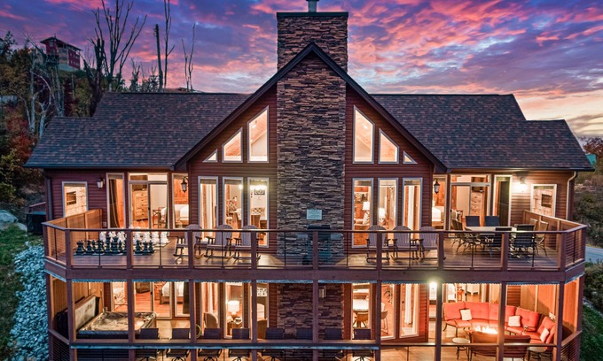 Chalet Village North Cabin | PHENOMINAL Luxury Cabin! AMAZING VIEW! Huge Game Room! 7 Fireplaces! 4 Masters!