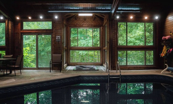 Rushville Cabin | Private 90+ acres! Indoor Heated Saltwater Pool. Private Lodge With Amenities