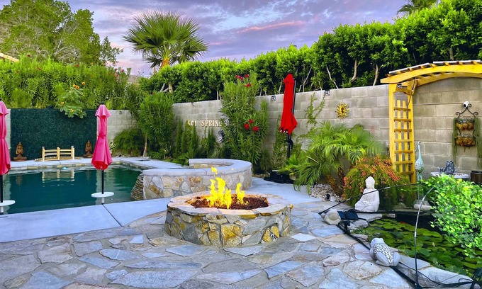 Desert Hot Springs House | Private Spa Oasis w/Views/Mineral Saltwater Pool & Spa / Koi pond / Fire pit/BBQ
