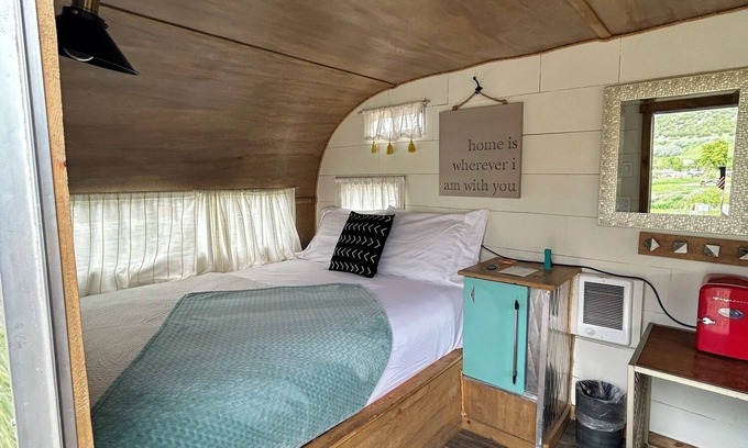 Lava Hot Springs House | Retro Camper Queen size bed