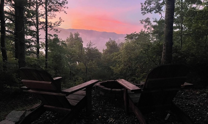 Almond Cabin | Rustic, Cozy Cabin with a View of the Smokies, Firepit, Large Deck, Pet-Friendly