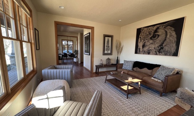 Sisters House | Serene Pine Meadow home with private hot tub! Walk to town! Views! Pool!