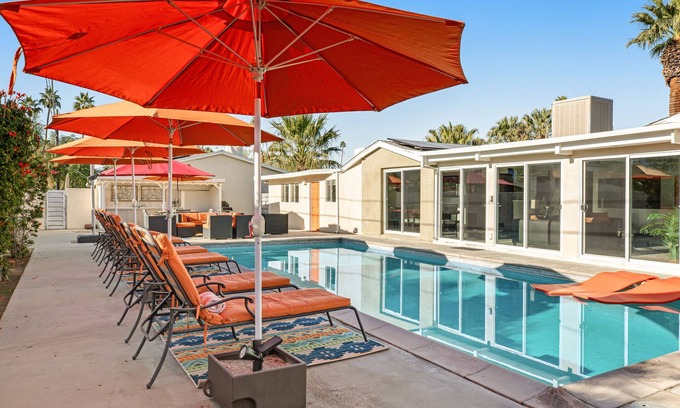 Palm Springs House | Spacious home near golf with views, private pool, hot tub, & fireplace