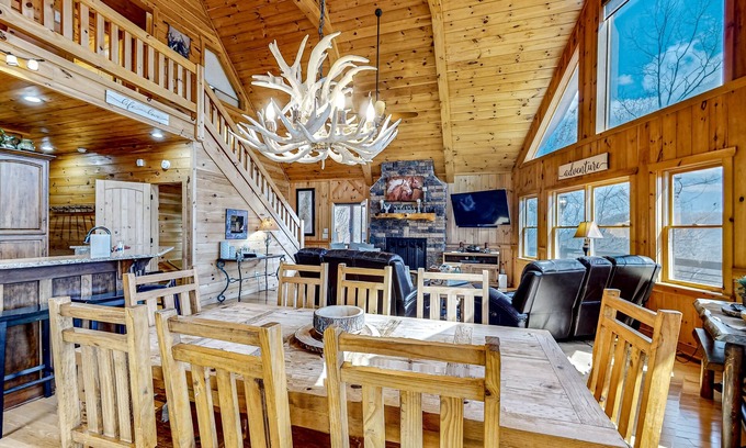 Blue Ridge Cabin | Spacious mtn-view home with private hot tub, game room, decks, fireplaces, grill
