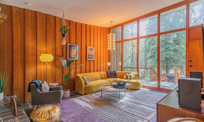 College House | Star-Shaped Midcentury Modern Aurora Retreat + Hot Tub + Game Room