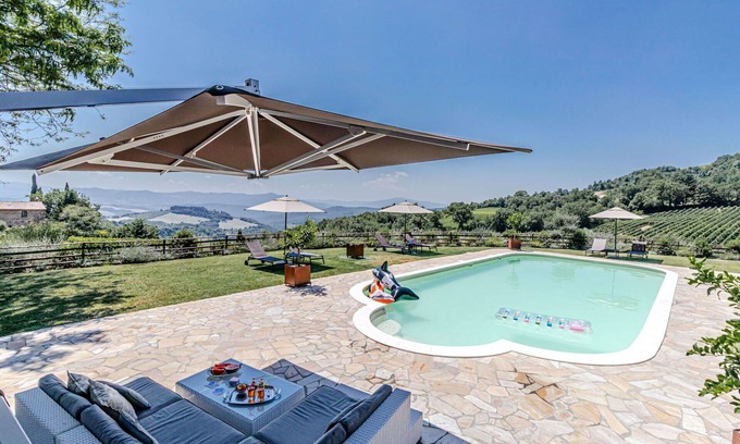 Montecatini Val di Cecina Villa | Stunning private villa with WIFI, hot tub, A/C, private pool, TV, pets allowed and panoramic view