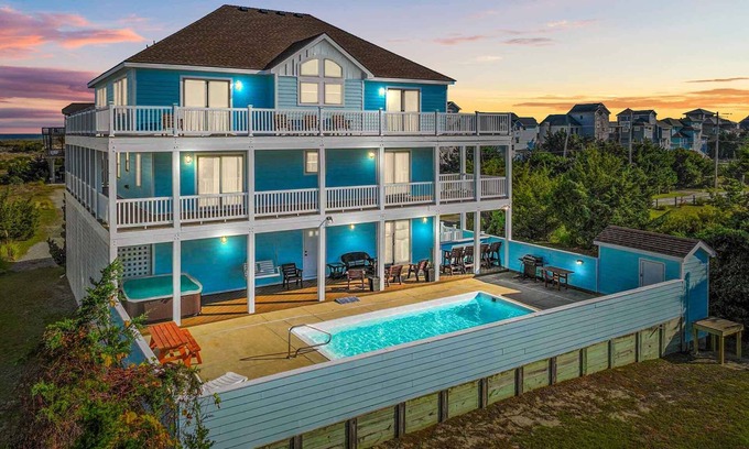 Salvo House | SUMMER SAVINGS Semi-Oceanfront Dog & Handicap Friendly w Pool, Hot Tub, Elevator