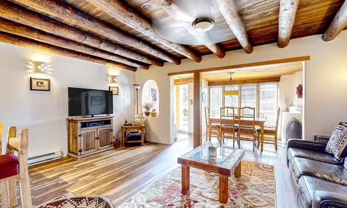 Arroyo Seco Condo | Unique two-story mountain view getaway with a patio, fireplaces, balcony