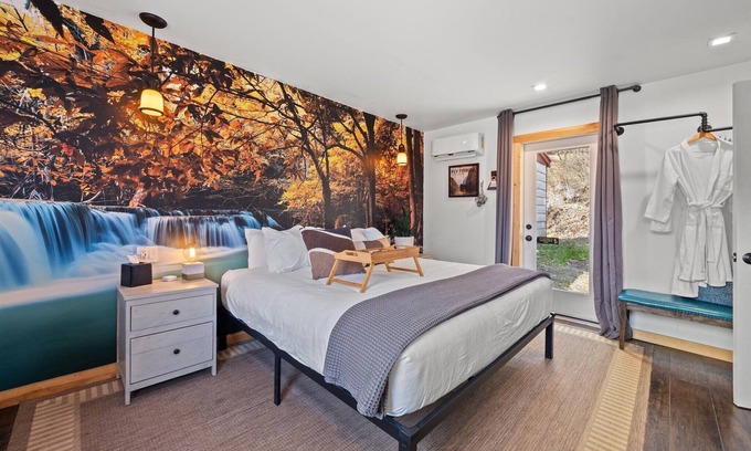 Hancock House | Waterfall Retreat | Serene Room with Forest Mural at Green Acres Retreat